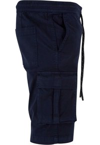 Marineblaue Cargo-Shorts aus Stoff; ausgestattet mit mehreren Taschen, elastischem Bund und einem Kordelzug mit gemusterten Akzenten.