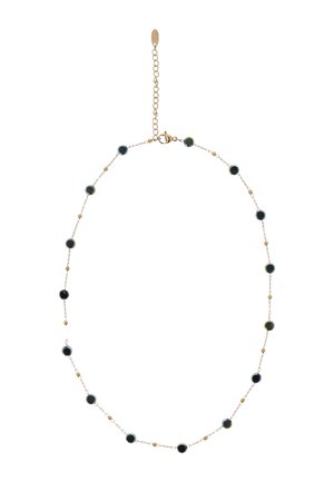 Finom arany lánc nyakék egyenletesen elhelyezett kis kerek sötét drágakövekkel és apró arany gyöngyökkel, állítható kapoccsal.