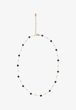 Delicate gouden ketting met gelijkmatig verdeelde kleine ronde donkere edelstenen en kleine gouden kraaltjes, met een verstelbare sluiting.