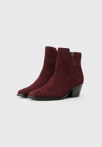 Un paio di stivaletti alla caviglia in suede bordeaux con cerniera laterale e tacco nero a blocco su uno sfondo bianco.