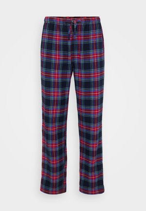 Pantalones de pijama a cuadros en azul marino, rojo y verde, con cintura elástica y cordón ajustable, de corte cómodo. Textura suave de la tela.