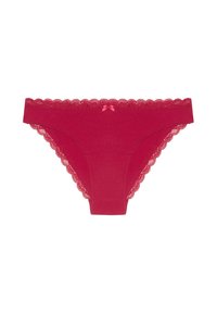 Red cotton thong with a lace trim along the waist and leg openings, featuring a small pink bow detail at the center front.