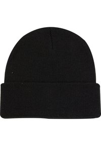 Svart strikket lue med ribbestruktur og brett, designet for en tettsittende passform og varme.