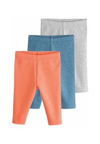 Drie paar legging: oranje, blauw en grijs. Geribbelde structuur, lengte tot halverwege de kuit, naadloze taillebanden. Zachte, rekbare stof.