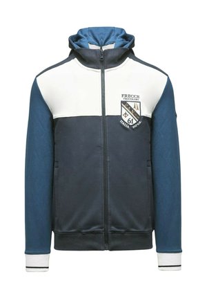 Felpa con cappuccio e zip integrale con maniche blu, parte superiore del petto bianca, corpo scuro e una patch delle Frecce Tricolori sul lato sinistro del petto.