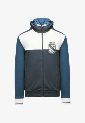 Felpa con cappuccio e zip integrale con maniche blu, parte superiore del petto bianca, corpo scuro e una patch delle Frecce Tricolori sul lato sinistro del petto.