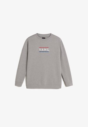 Gray sweatshirt made of cotton blend, features long sleeves, round neckline, and a central logo with red and blue accents.