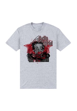 Szara bawełniana koszulka z grafiką w czarno-czerwonej kolorystyce, przedstawiająca postać z skrzydłami nietoperza oraz stylizowanym tekstem.