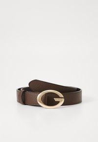 Brown leather belt with a textured finish and a gold-tone oval buckle featuring a logo. Adjustable with a standard belt loop.