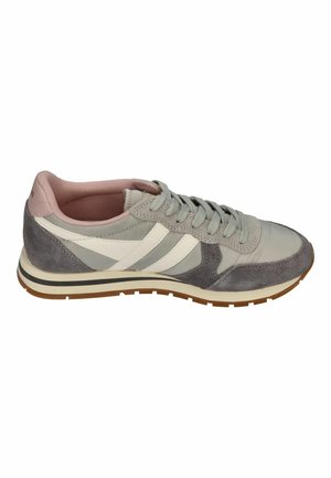 Gray and white low-top sneaker with pink inner lining, lace-up closure, and brown rubber sole, shown from the side.
