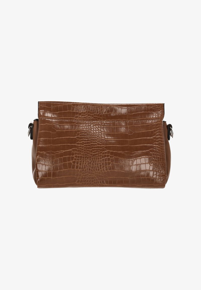 Braune Clutch aus krokodilgeprägtem Leder mit glatter Textur, rechteckiger Form und Design mit oberer Falte. Mit gerafften Seiten.