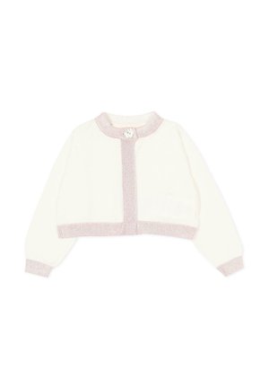 Cardigan corto bianco con bordo rosa chiaro su collo, polsini e orlo, con un bottone singolo a forma di fiore sulla scollatura.