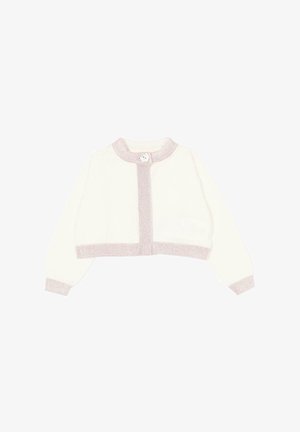 Biały skrócony kardigan z jasnoróżowym obszyciem kołnierza, mankietów i dołu, z jednym guziem w kształcie kwiatu przy dekolcie.