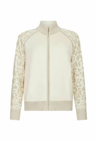 Giacca beige con zip, con una parte anteriore uniforme e maniche a stampa leopardata. Presenta un colletto alto e polsini a costine, realizzata in morbido materiale a maglia.