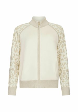 Veste beige zippée avec un devant uni et des manches en imprimé léopard. Dotée d'un col haut et de poignets côtelés, fabriquée en matériau tricoté doux.