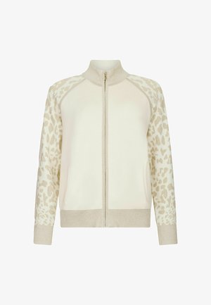 Beige zip-up jacket with a solid front and leopard print sleeves. Features a high collar and ribbed cuffs, made from soft knit material.