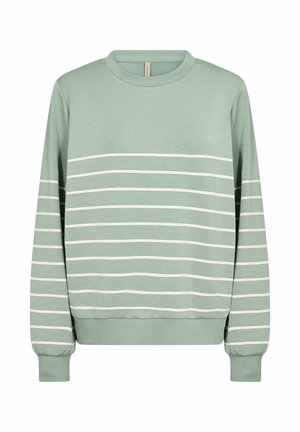 Sweat-shirt vert clair avec des rayures blanches horizontales, encolure ras du cou, poignets et ourlet côtelés, fabriqué en tissu doux au toucher lisse.