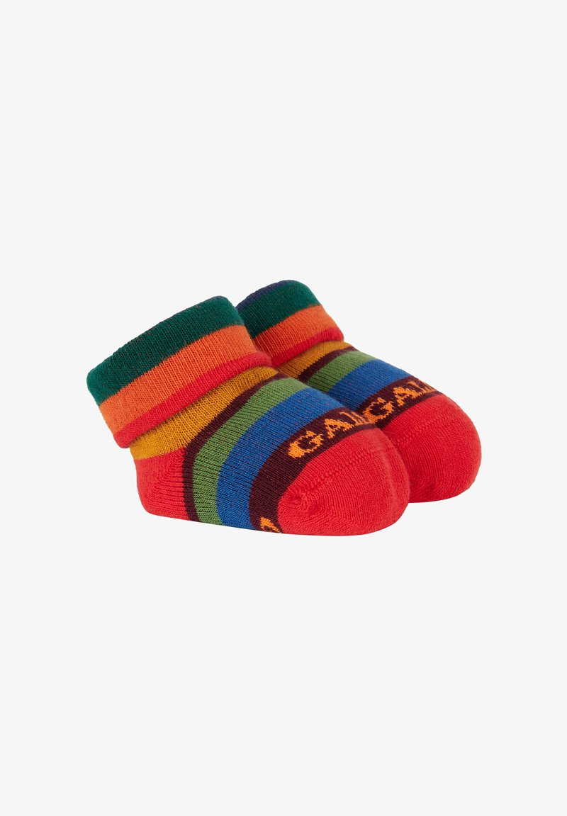 Calzini multicolori con un bordo a coste. I colori principali includono rosso, verde, arancione, blu e marrone, con strisce orizzontali e testo.