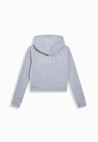 Felpa grigia corta realizzata in tessuto morbido, con cappuccio, polsini a coste e testo "Juicy" in strass sul retro. Texture liscia e vestibilità casual.