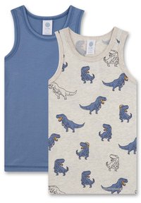 To tank topper: en mørkeblå i ensfarget, en lys grå med forskjellige blå dinosaurillustrasjoner. Myk bomull, ermeløs design.