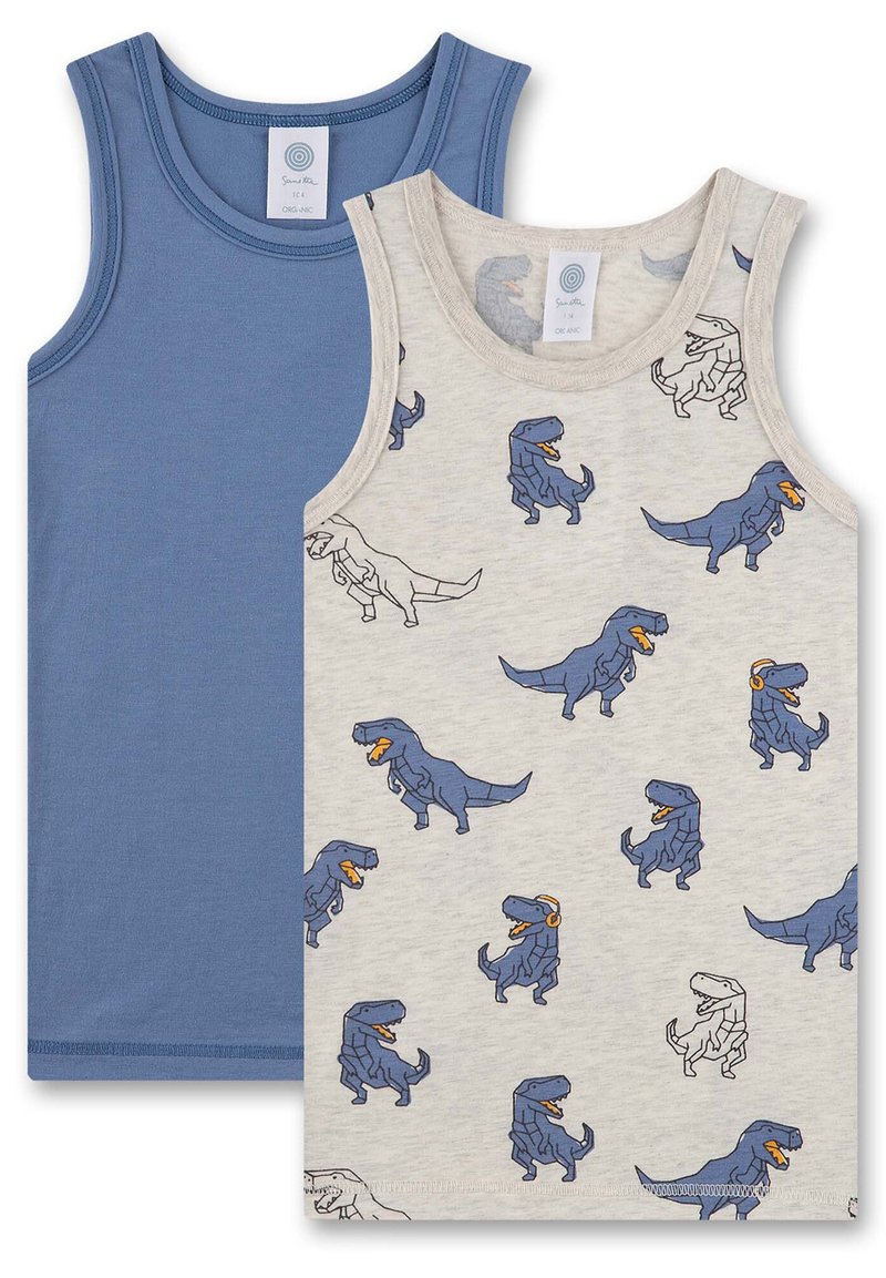To tank topper: en mørkeblå i ensfarget, en lys grå med forskjellige blå dinosaurillustrasjoner. Myk bomull, ermeløs design.