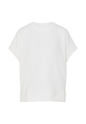 Prosty biały sweatshirt z krótkim rękawem, z okrągłym dekoltem i podwiniętymi mankietami, prezentowany na białym tle.