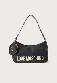 Black leather handbag with gold hardware, featuring "LOVE MOSCHINO" logo in cream, rounded shape, and a detachable round zippered pouch.