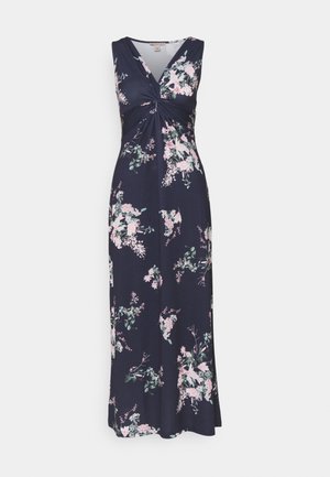 Ärmelloses marineblaues Maxikleid mit rosa und weißen Blumenmustern und einem gedrehten Knotendetail am V-Ausschnitt.