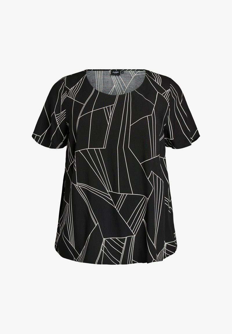 Schwarze Kurzarmbluse mit rundem Ausschnitt und abstraktem weißem geometrischem Linienmuster über den Stoff verteilt.