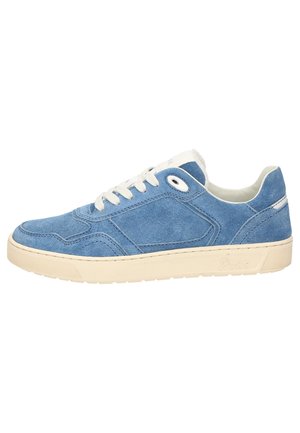 Blue canvas sneakers with white laces, rubber sole, and contrasting stitching. Features eyelets and a logo on the side.