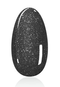 Campione di smalto per unghie nero glitterato, forma ovale con finitura lucida, caratterizzato da fine luccichii argentati per un effetto testurizzato.