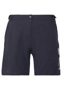 Donkerblauwe shorts van lichtgewicht materiaal, voorzien van een knoopsluiting aan de voorkant, zijzakken en decoratieve stikdetails.