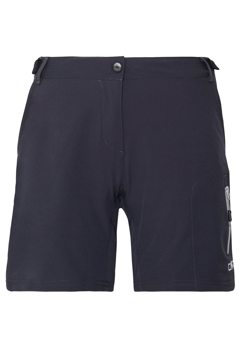Donkerblauwe shorts van lichtgewicht materiaal, voorzien van een knoopsluiting aan de voorkant, zijzakken en decoratieve stikdetails.