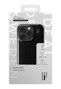 Slank deksel til iPhone 16, blank svart finish, kompatibel med MagSafe, tynn design, laget av resirkulerte materialer, 1 mm tykkelse.