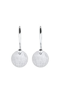 Pendientes de gota de plata con un colgante circular texturizado, que presenta un acabado suave y un pequeño acento de bola en la conexión.