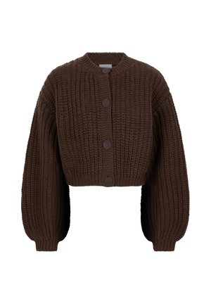Bruine gebreide crop cardigan met lange ballonmouwen en een ronde halslijn. Kenmerkt drie grote, donkere knopen aan de voorkant. Gestructureerde stof.