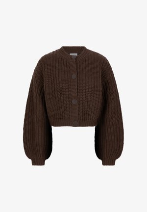 Bruine gebreide crop cardigan met lange ballonmouwen en een ronde halslijn. Kenmerkt drie grote, donkere knopen aan de voorkant. Gestructureerde stof.