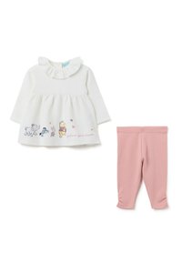 Weißes Babykleid mit langen Ärmeln, bedruckt mit Winnie the Pooh-Figuren und pinken Herzen, kombiniert mit einfarbigen pinken Babyleggings.