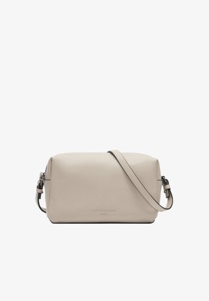 Beige rechteckige Leder-Umhängetasche mit verstellbarem Riemen und dezentem, geprägtem "Liebeskind Berlin"-Logo auf der Vorderseite.