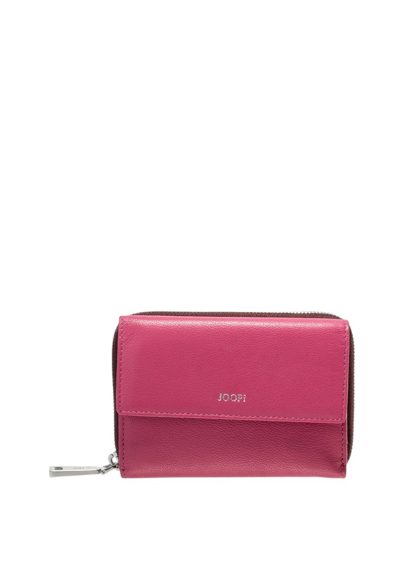 Portafoglio in pelle rosa con chiusura a zip, patta frontale e logo argentato. Superficie esterna testurizzata con design a bi-fold.