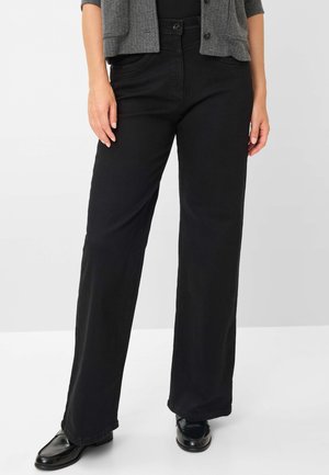 Schwarze weit geschnittene Jeanshose aus Denim, mit geradem Schnitt, Fronttaschen und einem Knopfverschluss an der Taille.