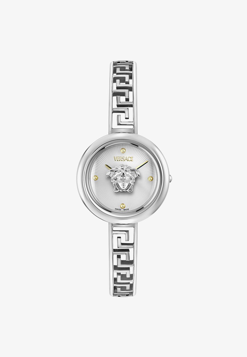Sidabrinis Versace rankinis laikrodis su Medūzos galva ciferblate, auksiniais valandų žymenimis ir apyranke su grandinės jungtelėmis bei graikiško rakto motyvu.