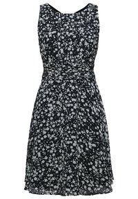 Ärmlös svart klänning med ett vitt blommönster, figursydd midja och utsvängd kjol, knälång, utan synliga tillbehör eller bakgrund.