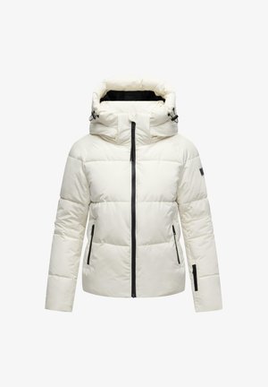 Hvid pufferjakke med høj krave og justerbar hætte, der har en frontlynlås og sorte lynlåslommer på siden, glat tekstur.