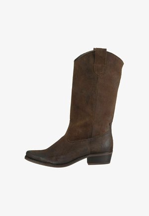 Botas de vaquero de ante marrón con punta afilada, caña de altura media y tacón apilado. Presentan un sutil bordado y una lengüeta para facilitar el uso.