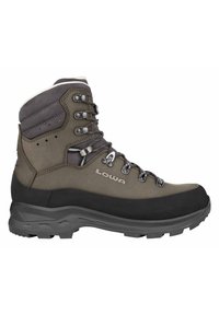 Wanderschuh in Grau und Schwarz, ausgestattet mit Leder- und Synthetikmaterialien, Metallösen und einer robusten, strukturierten Gummisohle für guten Halt.