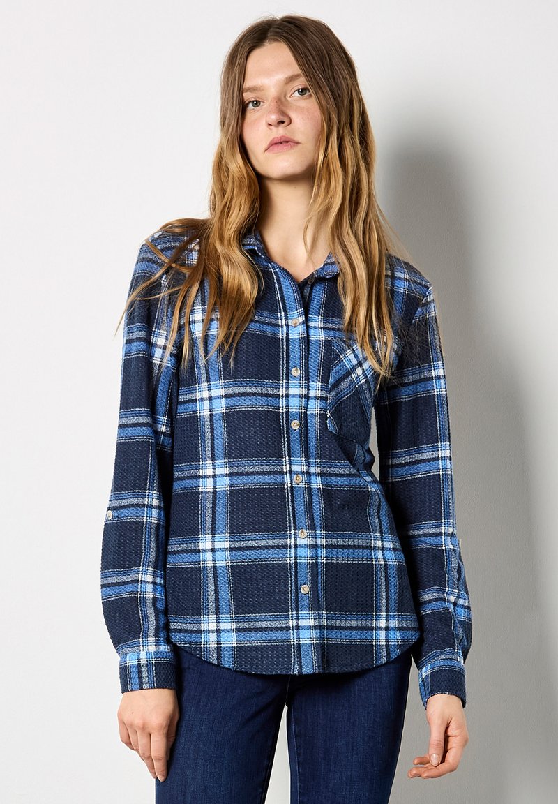Chemise en flanelle bleu marine à motif à carreaux bleu clair, boutons sur le devant, poche poitrine unique et manches longues. Tissu texturé.