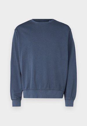 Mørkeblå sweatshirt i blødt stof, med rund halsudskæring, lange ærmer samt ribbede manchetter og fald. Enkel design, uden mønstre eller grafik.