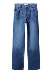 Jean en denim bleu classique avec coupe droite, bouton de devant, fermeture éclair et design à cinq poches.