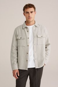 Fiatal férfi világosszürke mintás ingben, fehér póló felett, sötét nadrággal, semleges háttér előtt áll.